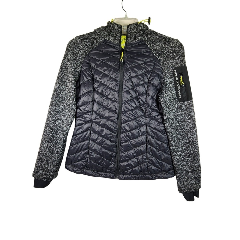 HFX Performance Womens Medium Hybrid Puffer Jacket Hooded Gray Black Zip Sporty